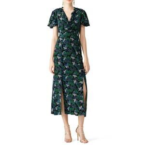 SALONI Josee Silk Emerald Green Floral Print Midi Dress Net-A-Porter 4 S $795